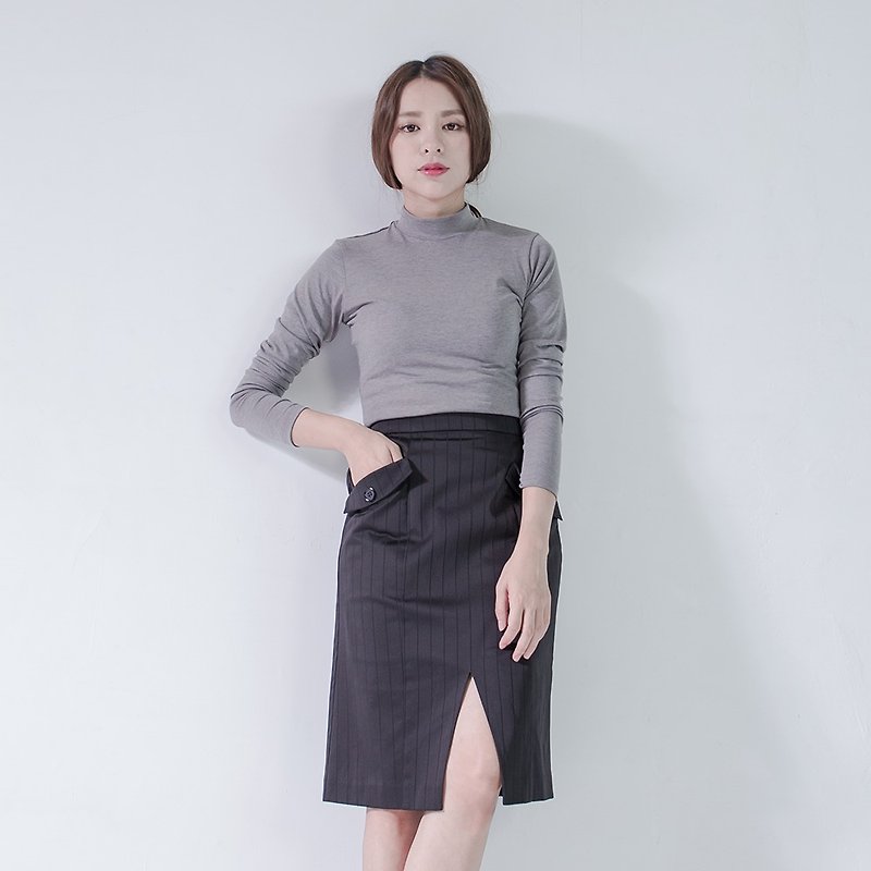 SU: MI said Elegantly Split Elastic Skirt _5AF400_ Black Straight Stripe - Skirts - Paper Black