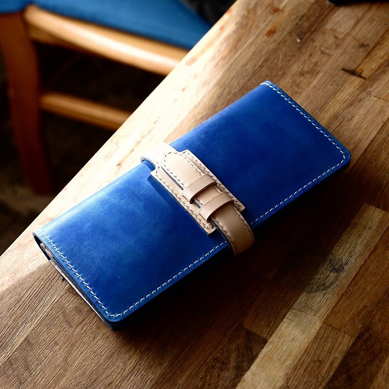 Handmade handmade blue cans color belts vegetable tanned leather Changcai Spurgeon leather wallet long wallet - Wallets - Genuine Leather Blue