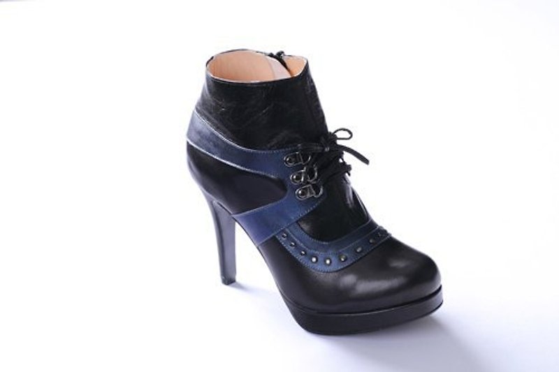 黑藍 厚底短靴 - 女短靴/中筒靴 - 真皮 藍色