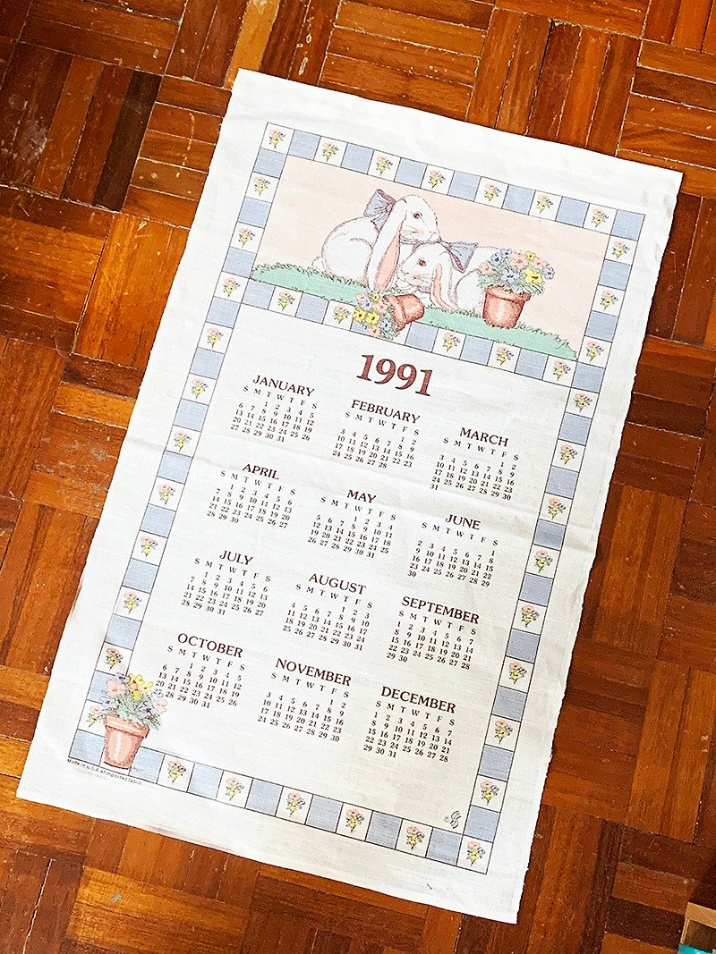 1991 American Early Cloth Calendar Bunny - ของวางตกแต่ง - ผ้าฝ้าย/ผ้าลินิน สึชมพู