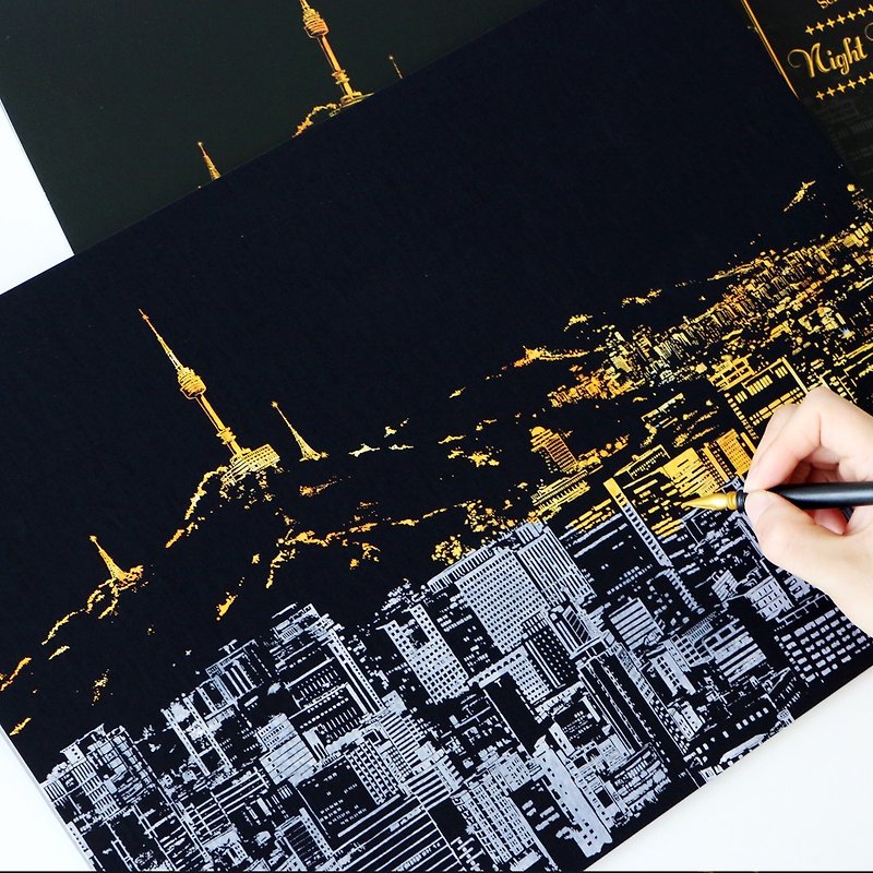 Hand scraping city golden night view - Seoul - Wood, Bamboo & Paper - Paper Gold
