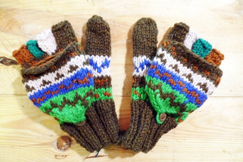 手織兩用手套 藍綠咖啡 - Gloves & Mittens - Other Materials Multicolor