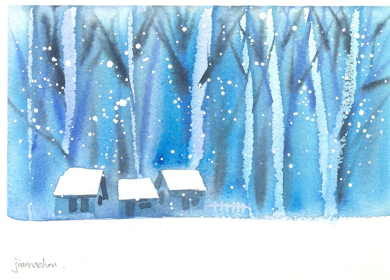 新年賀卡「療癒系樹林系列1-91」水彩手繪限量版明信片/賀卡 - カード・はがき - 紙 ブルー