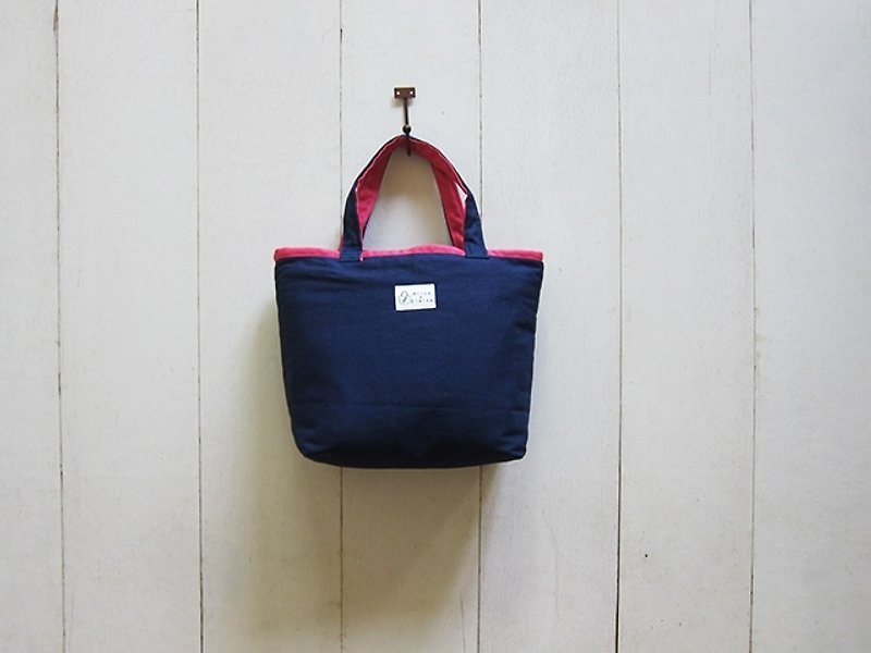 Macaron Series - Small canvas tote bag navy blue + pink - Handbags & Totes - Other Materials Multicolor
