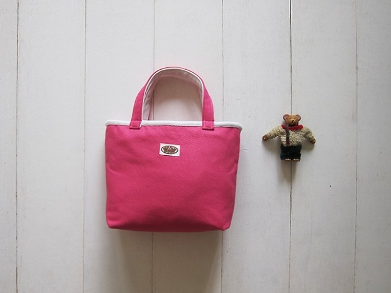 Macaron Series - Small canvas tote bag deep pink + cream (zipper opening paragraph) - Handbags & Totes - Other Materials Multicolor