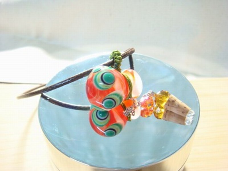 柚子林手工琉璃 - 設計款 琉璃 精油瓶  / 聞香瓶 項鍊  - 守護系列 (橘紅x綠) - 項鍊 - 玻璃 多色