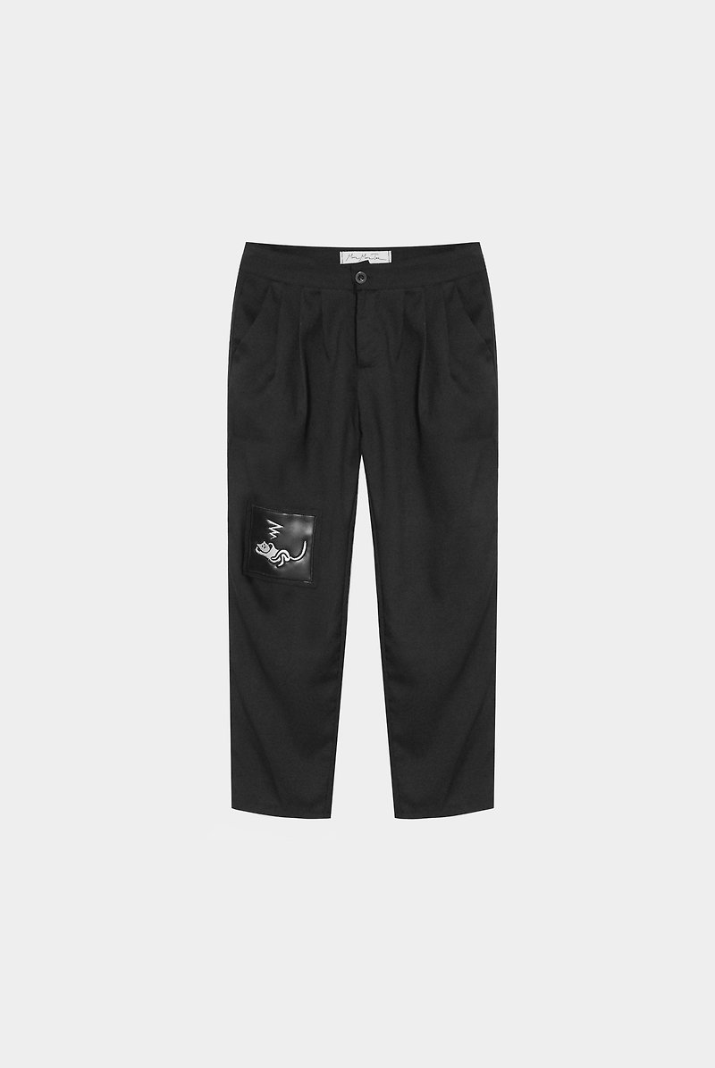 [A] limited idle lazy cat / leather patch embroidered pants suit - กางเกงขายาว - วัสดุอื่นๆ สีดำ