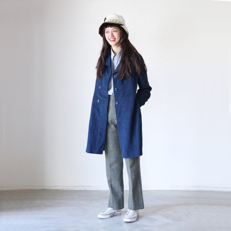 A ROOM MODEL - VINTAGE, CJ-2282 dark blue double-breasted wool coat long retro with Shimokitazawa - เสื้อแจ็คเก็ต - ขนแกะ สีน้ำเงิน