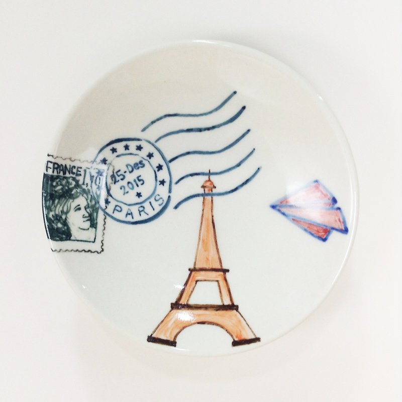 法國郵戳-手繪旅行小碟 - 小碟/醬油碟 - 瓷 多色