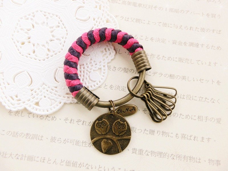 [Na UNA- excellent hand-made] key ring (small) 5.3CM + pink + purple owl couple hand-woven wax rope hoop key ring (small) 5.3CM / Customized - ที่ห้อยกุญแจ - วัสดุอื่นๆ สีแดง