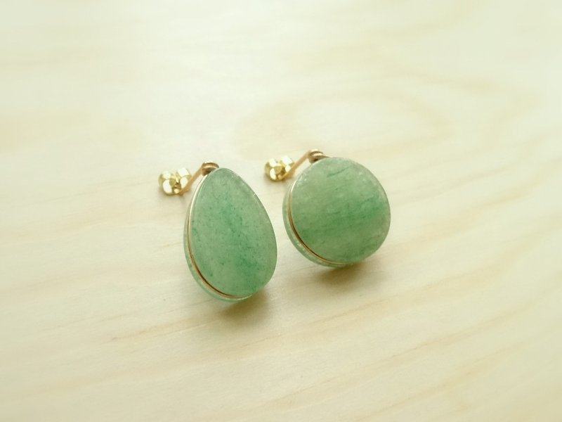 Green Aventurine Teardrop / Button Shape Brass Wire Wrapped Stud Earrings - Earrings & Clip-ons - Jade Green