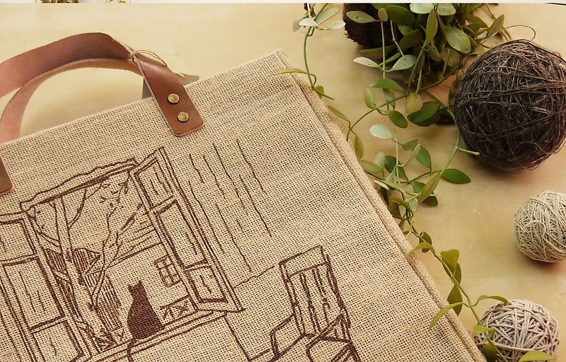 ORGANIC HEMP BAG Hand print with Siam cat - Handbags & Totes - Cotton & Hemp Brown