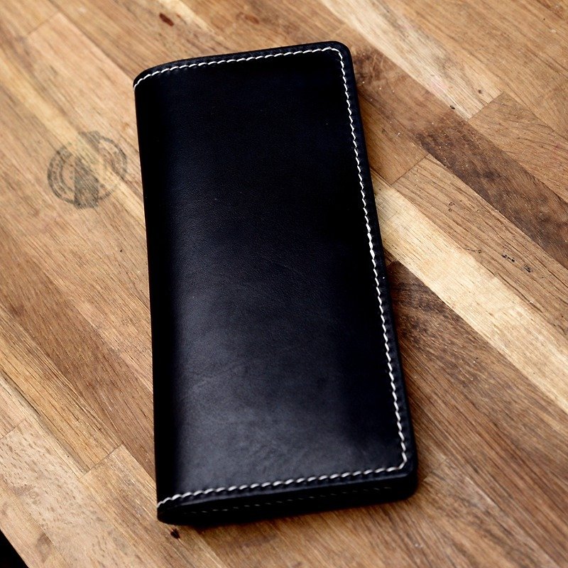 Cans Handmade Handmade Black Hand Dyed Vegetable Tanned Leather Women's Long Wallet Wallet Retro Cowhide Leather Wallet - กระเป๋าสตางค์ - หนังแท้ สีดำ