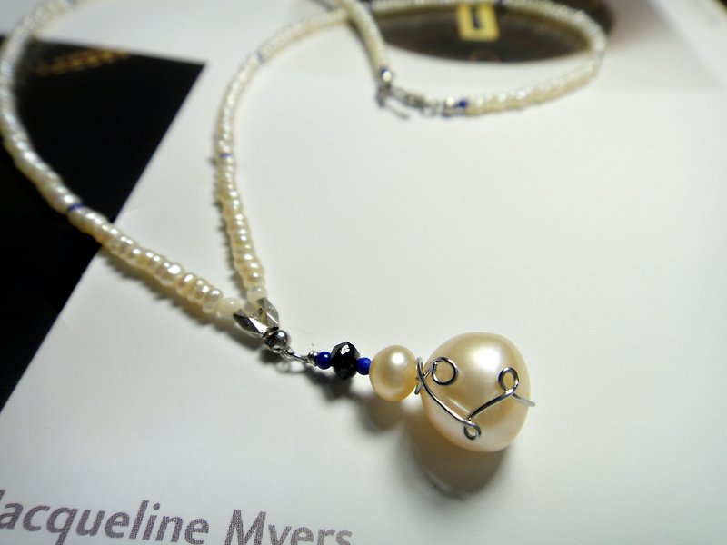 ◎ stainless steel wire pearl necklace * lapis necklace - Necklaces - Other Materials 