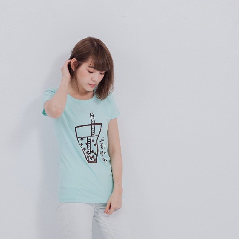 珍珠奶茶 正常很甜!! 短袖 蜜桃棉 T恤 - 女 T 恤 - 棉．麻 綠色