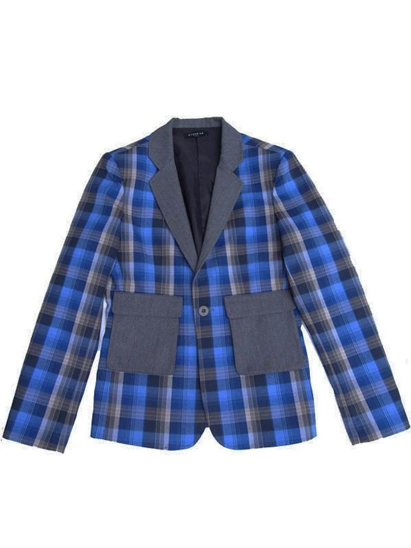 Stone'As 學院 格紋 西裝外套 / Plaid Blazer - 男夾克/外套 - 棉．麻 藍色