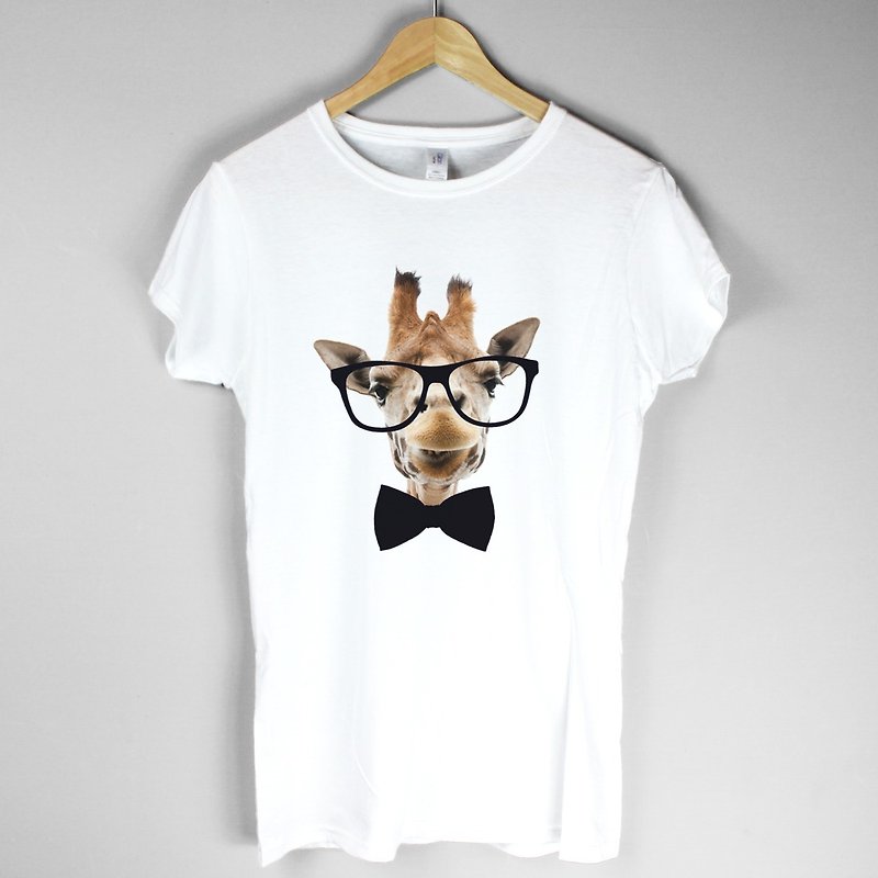 Giraffe-Bow Tie女生短袖T恤-2色 長頸鹿 領結 眼鏡 動物 設計 - 女 T 恤 - 棉．麻 白色