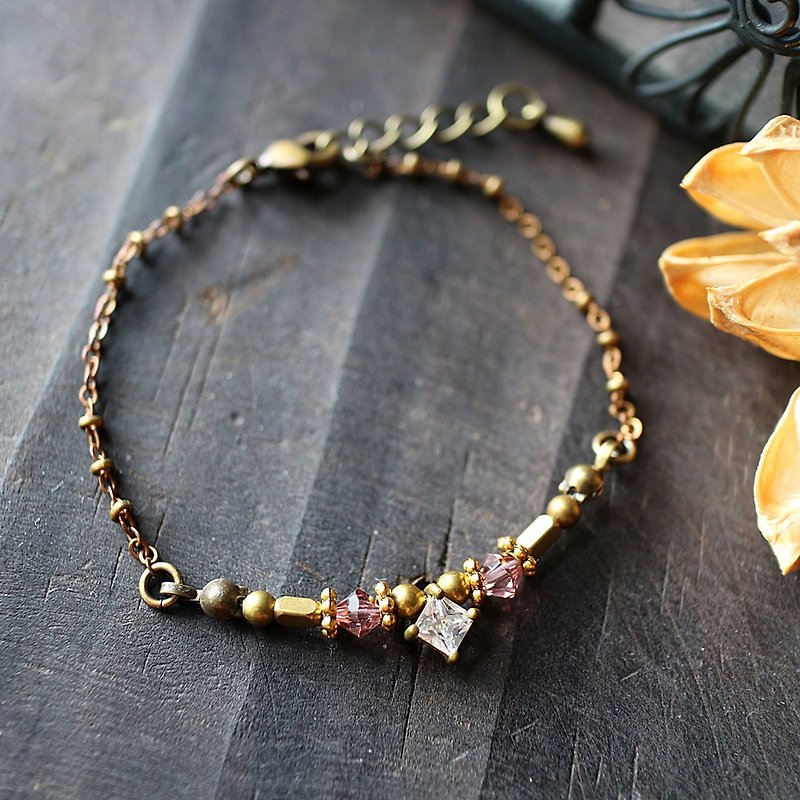 EF golden years NO.184 zircon crystal elegant red roses brass chain bracelet - Bracelets - Gemstone Pink