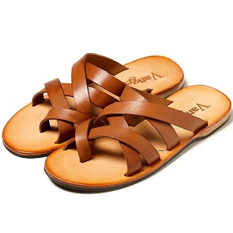Vanger elegant beauty style texture type ‧ lazy casual brown leather sole slippers ∥Va142 - รองเท้าลำลองผู้ชาย - หนังแท้ สีนำ้ตาล