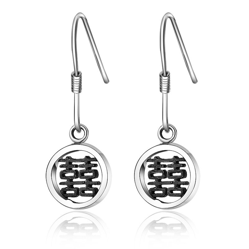 囍 word earrings Chinese style small and round 囍 word pendant 925 sterling silver earrings-ART64 - Earrings & Clip-ons - Sterling Silver Silver