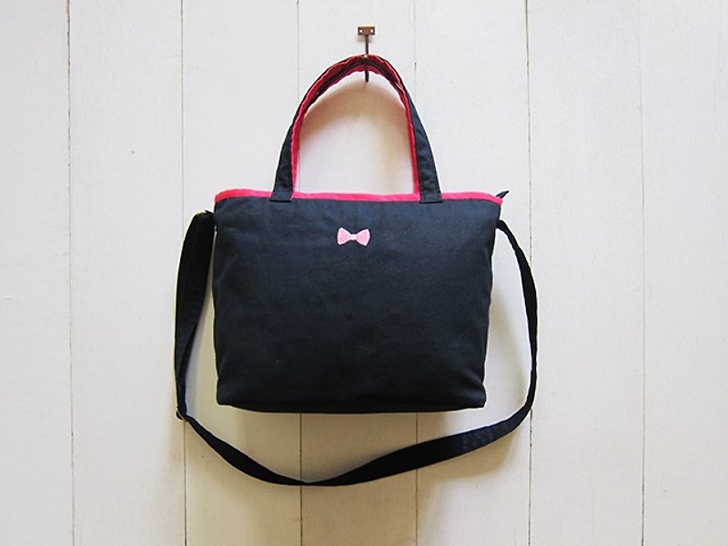 馬卡龍系列-帆布中型黑+桃紅(拉鍊開口款)+可調式背帶 - 側背包/斜孭袋 - 其他材質 多色