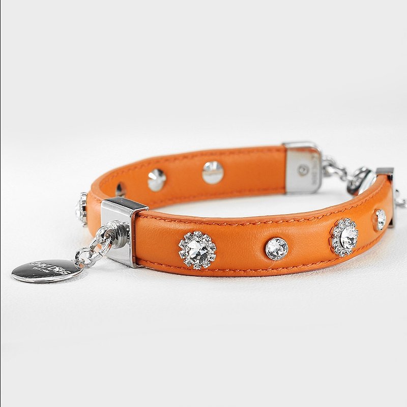 [Dual purpose] diamond flower leather leather collar ((send lettering)) - Collars & Leashes - Genuine Leather Orange