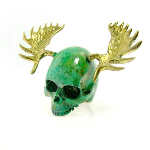 MAFIA JEWELRY Skull with moose horn ring in brass with patina color ,Rocker jewelry ,Skull jewelry,Biker jewelry