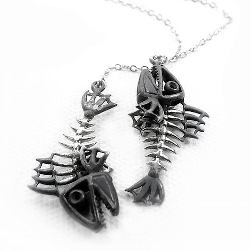 MAFIA JEWELRY Zodiac pendant Fishes bone for Pisces in white bronze and oxidized antique color ,Rocker jewelry ,Skull jewelry,Biker jewelry