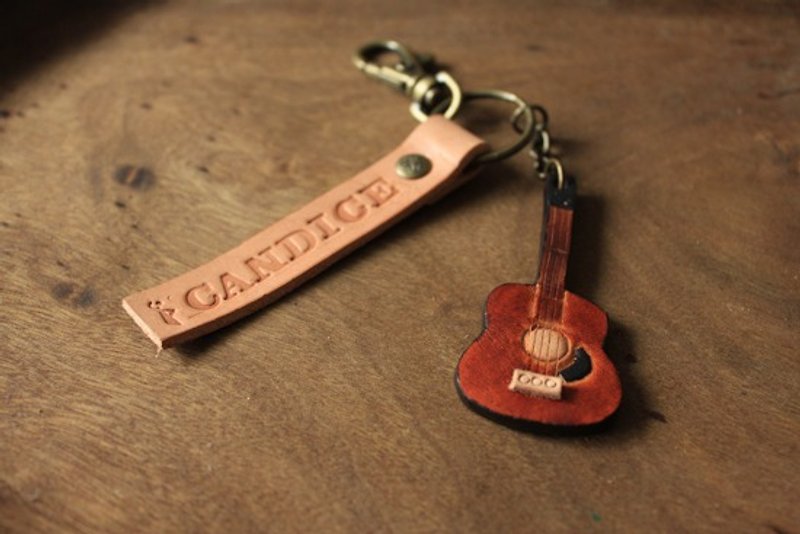 Small guitar three-dimensional pure leather key-customizable name - Keychains - Genuine Leather Brown