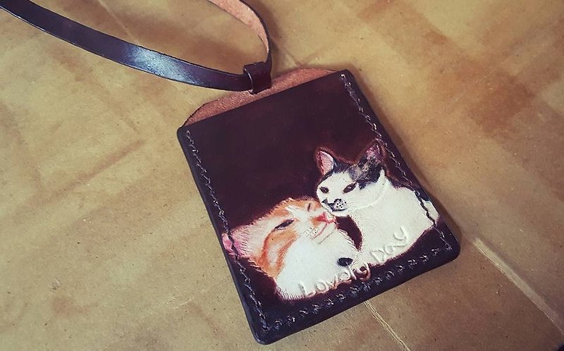 Exclusive custom-made pet portraits of two cats, coke tea color identification certificate (customized lover, birthday gift) - ID & Badge Holders - Genuine Leather Orange