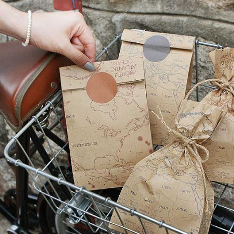 Dessin x Indigo- Korean world map package gift bags group (4 in) - leather colors, IDG02718 - Gift Wrapping & Boxes - Paper Khaki