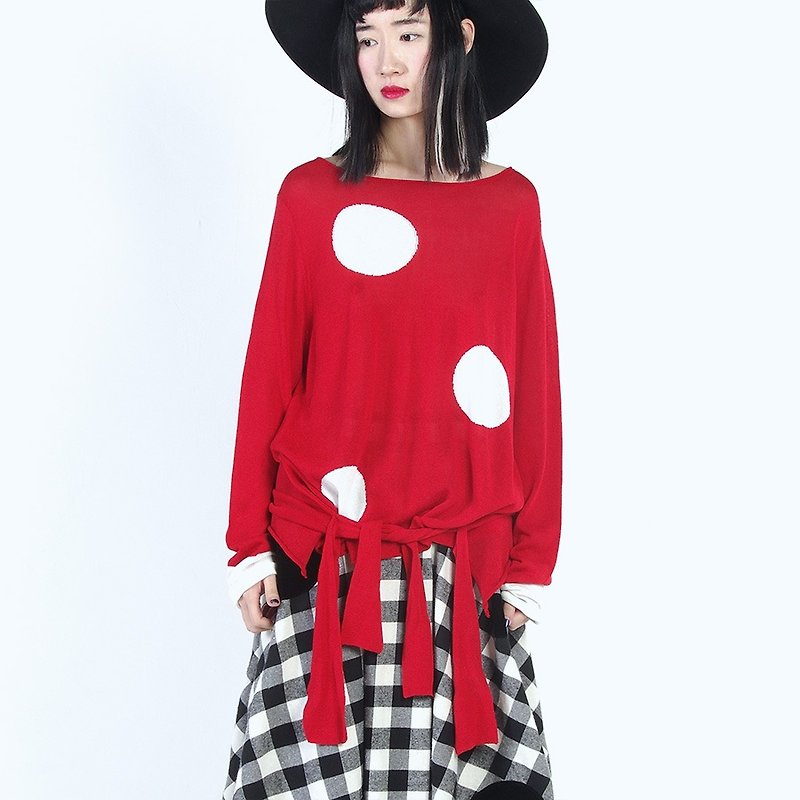 Big red dot Silky casual thin long-sleeved red - imakokoni - Women's Tops - Other Materials Red