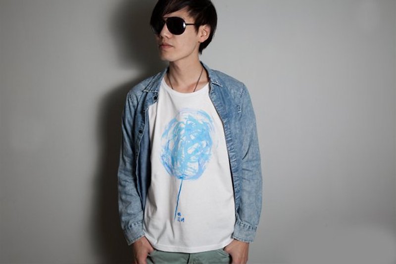 Hand-painted handprint TEE [Sweet] male/female - Women's T-Shirts - Cotton & Hemp Blue