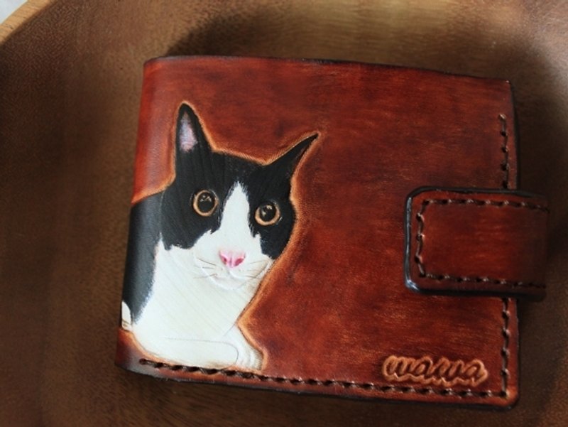 客製寵物貓咪肖像焦茶色純牛皮雙層短夾 (訂做情人、生日送禮) - 長短皮夾/錢包 - 真皮 咖啡色