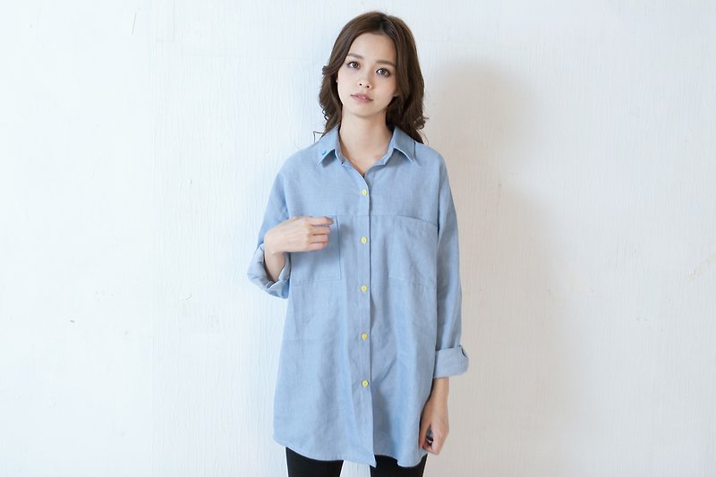 ◆ SUMI PLUS + hand-made series _ Bird and clouds Wide shirt ◆ 3AF052 - Women's Shirts - Cotton & Hemp Blue