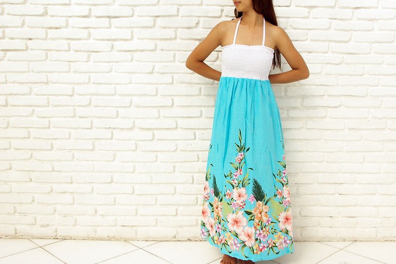 Tropical Flower Long dress <turquoise> - One Piece Dresses - Other Materials Blue