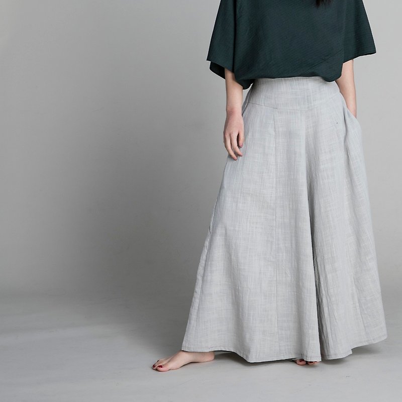 Classic wide leg culotte trousers - Light Gray - กางเกงขายาว - ผ้าฝ้าย/ผ้าลินิน สีเทา