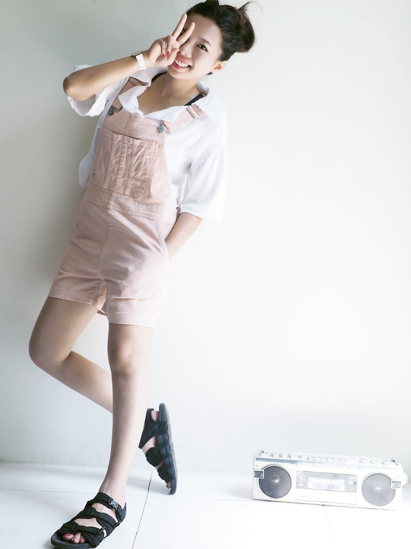 River Hill - Pink Love Season coveralls denim overalls suspenders shorts neutral Japan - จัมพ์สูท - ผ้าฝ้าย/ผ้าลินิน สึชมพู