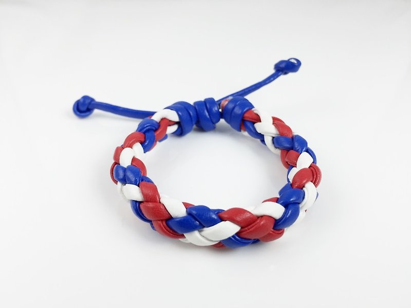 Red, blue and white four-stranded braid - Bracelets - Genuine Leather Multicolor