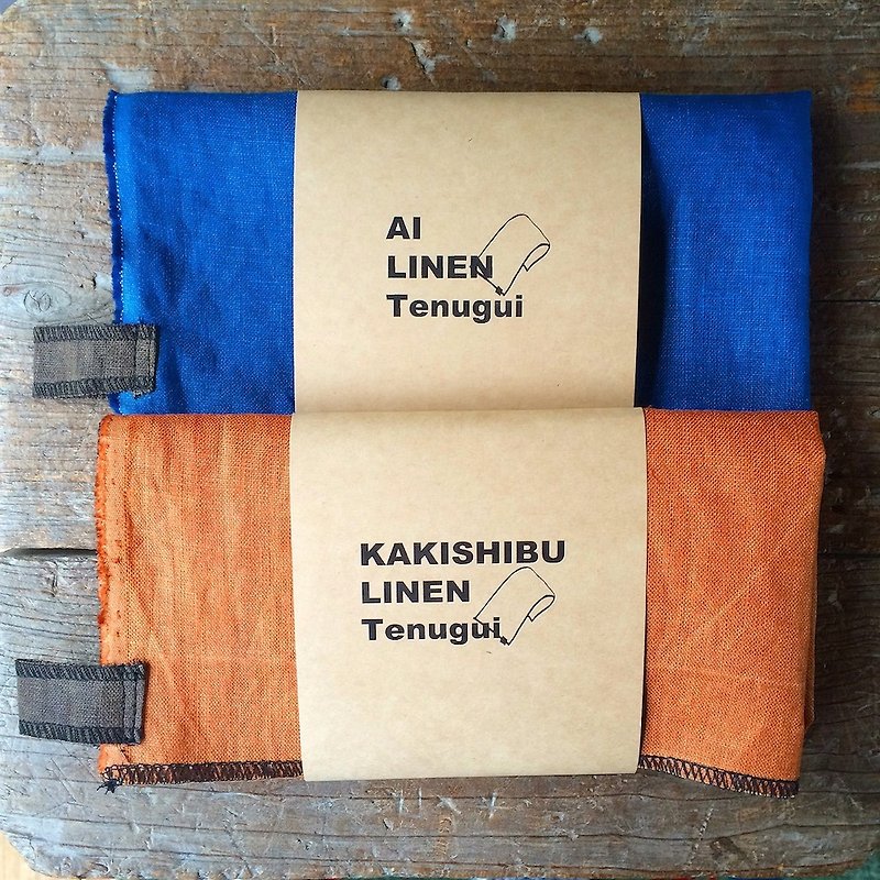 Dye persimmon and indigo dye indigo linen Tenugui - ผ้าขนหนู - ผ้าฝ้าย/ผ้าลินิน สีนำ้ตาล