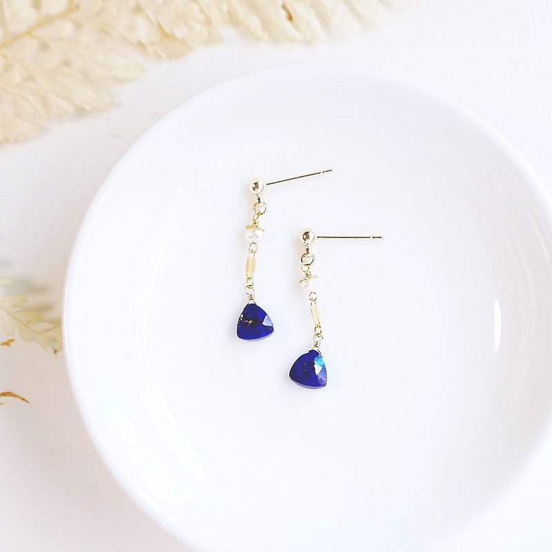 Light jewelry rich electric blue triangle rice ball lapis lazuli earrings crystal - ต่างหู - เครื่องเพชรพลอย สีน้ำเงิน