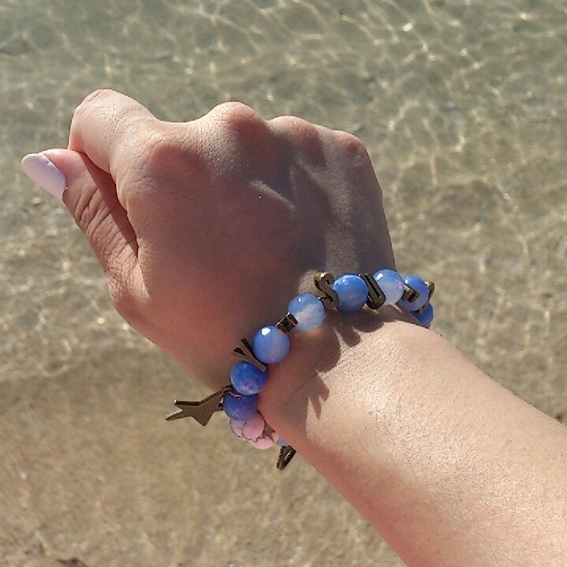Sky blue dragon pattern cut corner natural stone vintage letter bracelet - Bracelets - Semi-Precious Stones Blue