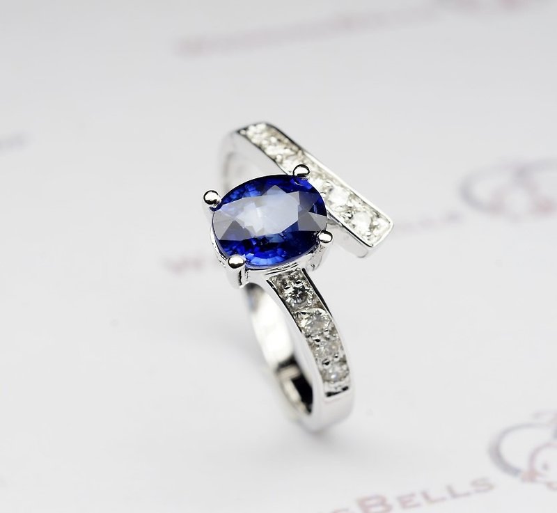 14K白金 / 藍寶石鑽石介指 (免運費) - 戒指 - 寶石 藍色
