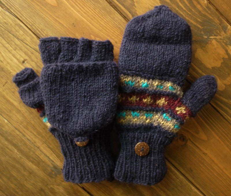 羊毛 手工編織 手套 單線編織 合手款 經典 深藍 - 手套/手襪 - 羊毛 藍色