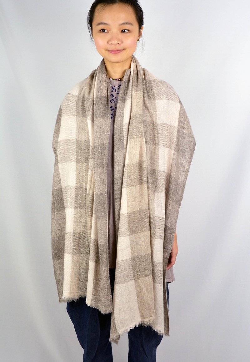 Large plaid cashmere hand-woven scarves _ _ light gray + dark coffee fair trade - Scarves - Cotton & Hemp Brown