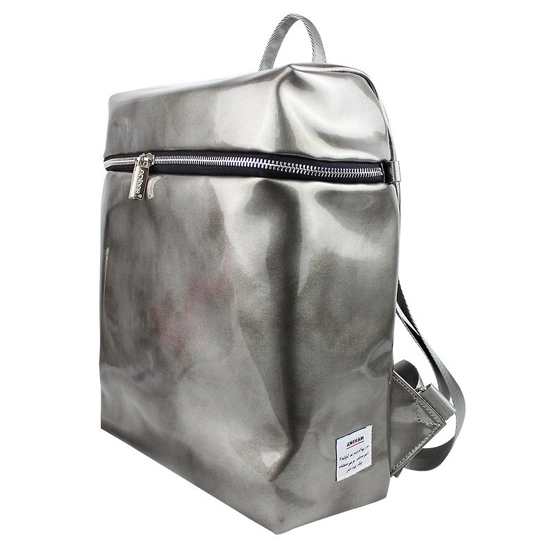 AMINAH-Silver Shiny Mirror Backpack 【am-0279】 - กระเป๋าเป้สะพายหลัง - หนังเทียม สีเทา
