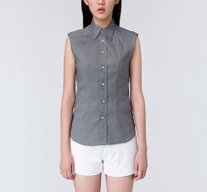 [Summer essentials] Retro fine grid fitted vest with shirt collar - เสื้อเชิ้ตผู้หญิง - ผ้าฝ้าย/ผ้าลินิน สีเทา
