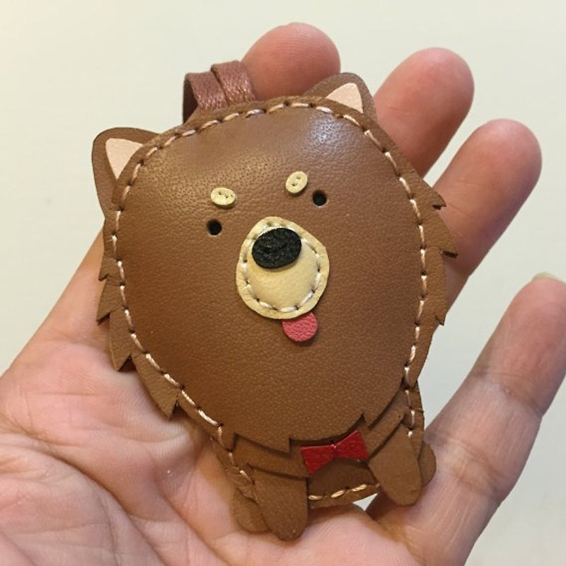 Healing small things brown cute Pomeranian hand-stitched leather charm small size - Charms - Genuine Leather Brown
