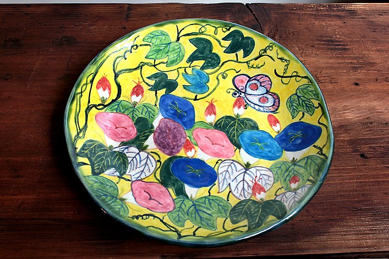 朝顔と蝶の色絵皿 - 小皿 - 金属 イエロー