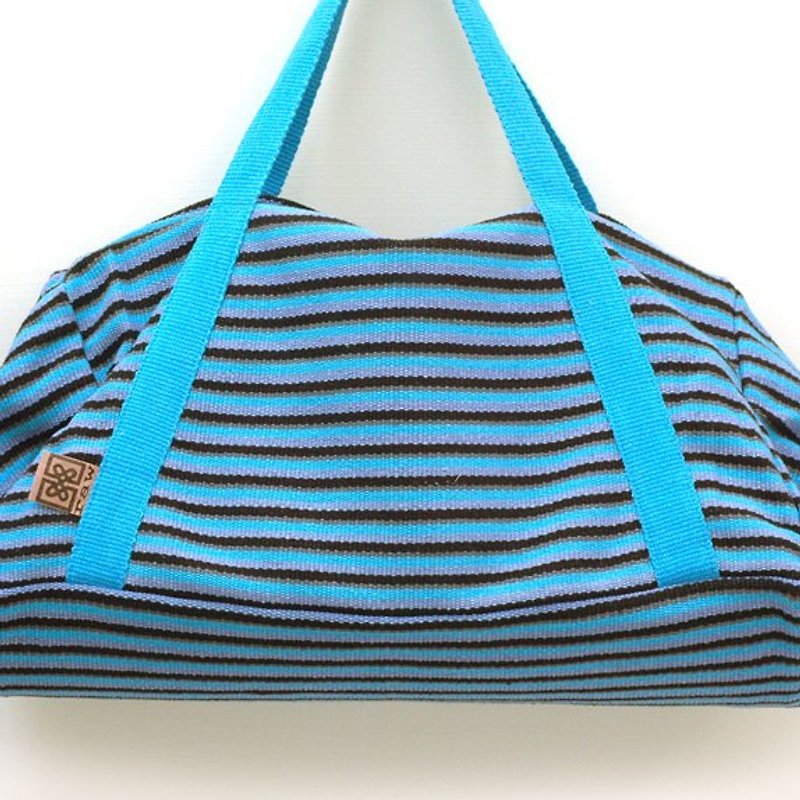 純棉手織包-great bags for light travel-藍條紋 - กระเป๋าแมสเซนเจอร์ - ผ้าฝ้าย/ผ้าลินิน สีน้ำเงิน